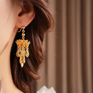 Elegant gold-plated lotus leaf tassel earrings with vintage Chinese style for women