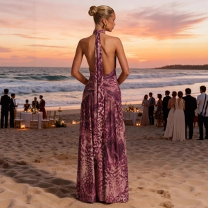 Elegant backless sleeveless maxi dress with purple leopard print against sunset background