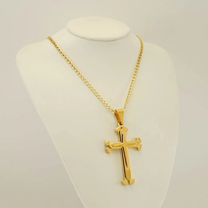 Polished 18k gold plated stainless steel cross necklace for men and women on neck model