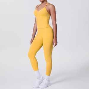 Leuchtend gelbes Yoga-Set mit V-Ausschnitt-Oberteil und High-Waist-Sportleggings