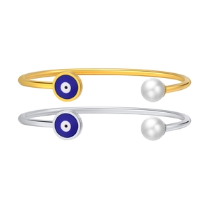 Evil eye open bracelets in gold and silver finish with pearl and blue bead accents