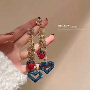 Long Tassel Dangle Earrings With Silver Earring Post Alloy Rhinestone Strawberry Heart Star Jewelry For Women