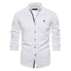 Detail of white cotton linen shirt with embroidered GD logo and red blue striped trim