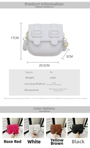 Detailed technical drawing of a PU saddle bag showing dimensions and four color variants