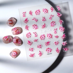 3D floral nail art stickers set with pink flowers and embossed botanical leaf patterns