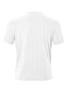 Detailed back view of white V-neck sports shirt showing breathable waffle texture fabric