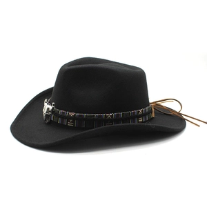 Black wool felt western cowboy hat with ethnic woven band and silver bull skull detail