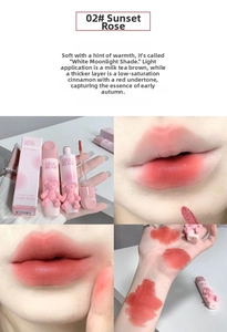 Macro detail of Sunset Rose velvet matte lip glaze showing swatches and bear packaging