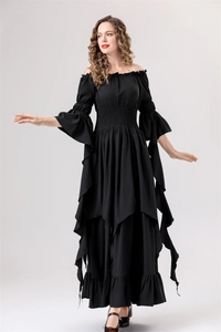 Detail of Gothic Renaissance dress showing tiered ruffle cuffs and layered skirt texture