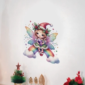 Vue détaillée des stickers muraux fée de Noël avec arc-en-ciel et nuages sur le mur