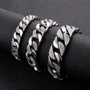 Bracelet cubain pour homme en acier titane serti de strass avec trois options de largeur
