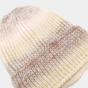 Bonnet en maille dégradé pour femme en laine épaisse côtelée beige et jaune
