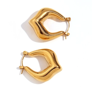Polished 18K gold plated stainless steel hollow geometric hoop earrings on white background