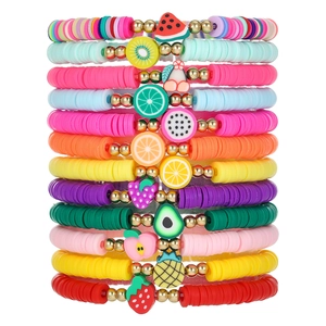 Colorful fruit polymer clay bead bracelet set with 12 pieces and elastic cord for women