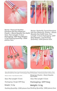 Detail of creative pendant gel pens featuring peacock feather and butterfly tassel designs
