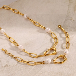 18k gold plated stainless steel necklace and bracelet set with irregular pearls