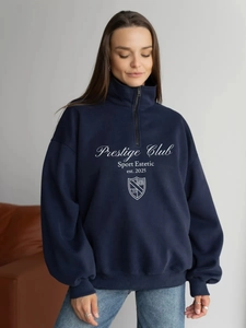 Women's Cotton Half Zipper Sweatshirt Long Sleeve Letter Print Loose Pullover American Retro Preppy Style