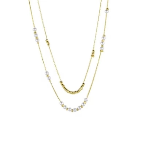 Double-layer gold titanium steel necklace with elegant white pearls and beads