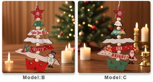 Detail of wooden Christmas tree pendants featuring snowman and Santa Claus designs
