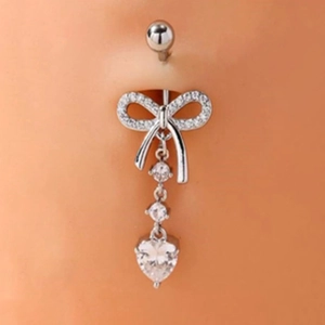 Silver bow and heart-shaped zircon belly button ring for women with dangling rhinestones