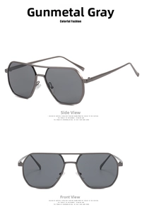 Detail view of gunmetal double-bridge pilot sunglasses showing front and side metal frames