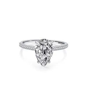 Pear Shaped Solitaire Ring 925 Sterling Silver Cubic Zirconia Pave Band Elegant Wedding Jewelry For Women