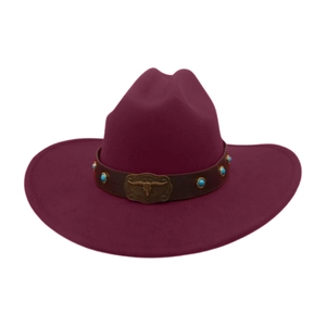 Detail of wool fedora hat with brown leather band, turquoise studs and bull skull buckle