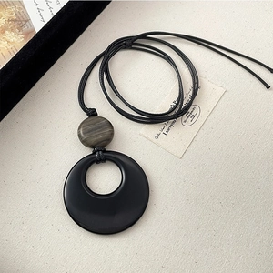 Synthetic Black Agate Ring Pendant Long Necklace New Chinese Style Retro Minimalist Geometric Cord Sweater Chain For Women
