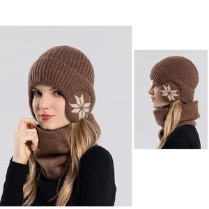 Winter thermal knit beanie and neck warmer set with snowflake patterns in dark brown