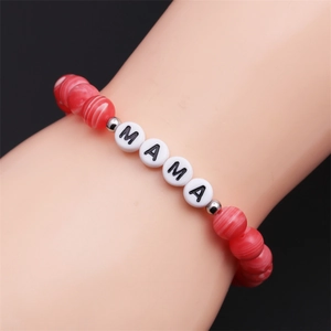 Beaded MAMA bracelet with red striped beads and silver spacers on wrist