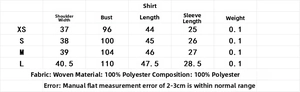 Size guide for lace-up loose blouse with detailed measurements for sizes XS to L