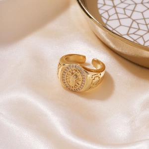 Adjustable gold plated Virgin Mary ring with zircon halo and cross side engraving