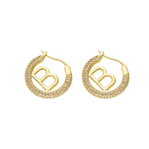 French style gold-plated double-sided pave hoop earrings with letter B design