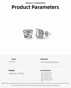Detailed specification chart showing 8mm heart-shaped 925 sterling silver zircon earrings