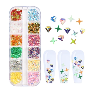 Iridescent star and diamond nail glitter set in a 12-grid storage box for nail art
