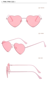 Detailed views of pink heart-shaped sunglasses with metal frames from multiple angles