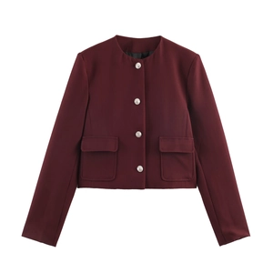 Women Round Neck Short Blazer Top Polyester Single Breasted Metal Button Retro Elegant Long Sleeve Office Jacket
