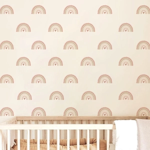 Stickers muraux arc-en-ciel boho pour chambre d'enfant aux tons rose et terre