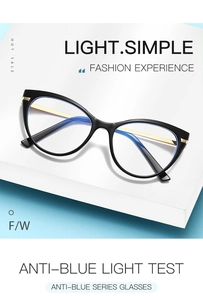 Detail of black cat-eye glasses with anti-blue light lens and metal spring hinges on platform
