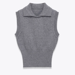 Women Knitted Vest Polo Neck Sleeveless Sweater Waistcoat Ribbed Trim Casual Chic Top Grey Polyester Soft