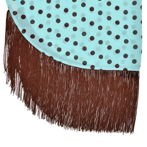 Close-up of light blue polka dot chiffon fabric featuring elegant dark brown fringe trim