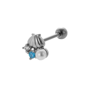 Detailed view of silver shell stud with pearl and blue crystal on screw-back ball post