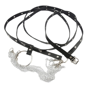 Fashionable black leather multi-layer waist chain belt with silver metal grommets and rivets