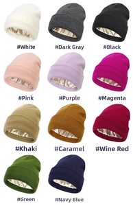 Detail view of 11 assorted color beanies featuring silk satin lining for hair protection