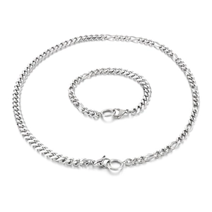 Polished silver Figaro necklace and bracelet set in stainless steel for men