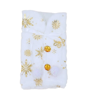 White plush Christmas wine bottle cover with gold snowflakes and ribbon bow decoration