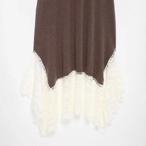 Brown knit dress with white lace asymmetric hem and mock neck detail for women
