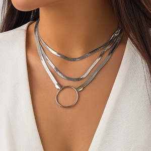 Three-layer silver snake chain necklace set with minimalist round ring pendant