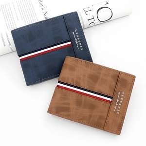 Men Short Wallet PU Leather Suede Texture Folding Purse Card Slots ID Window Zip Coin Pocket Stripe Decor Casual Business
