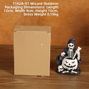 Halloween wizard skull in black robe stirring pumpkin cauldron resin figurine detail